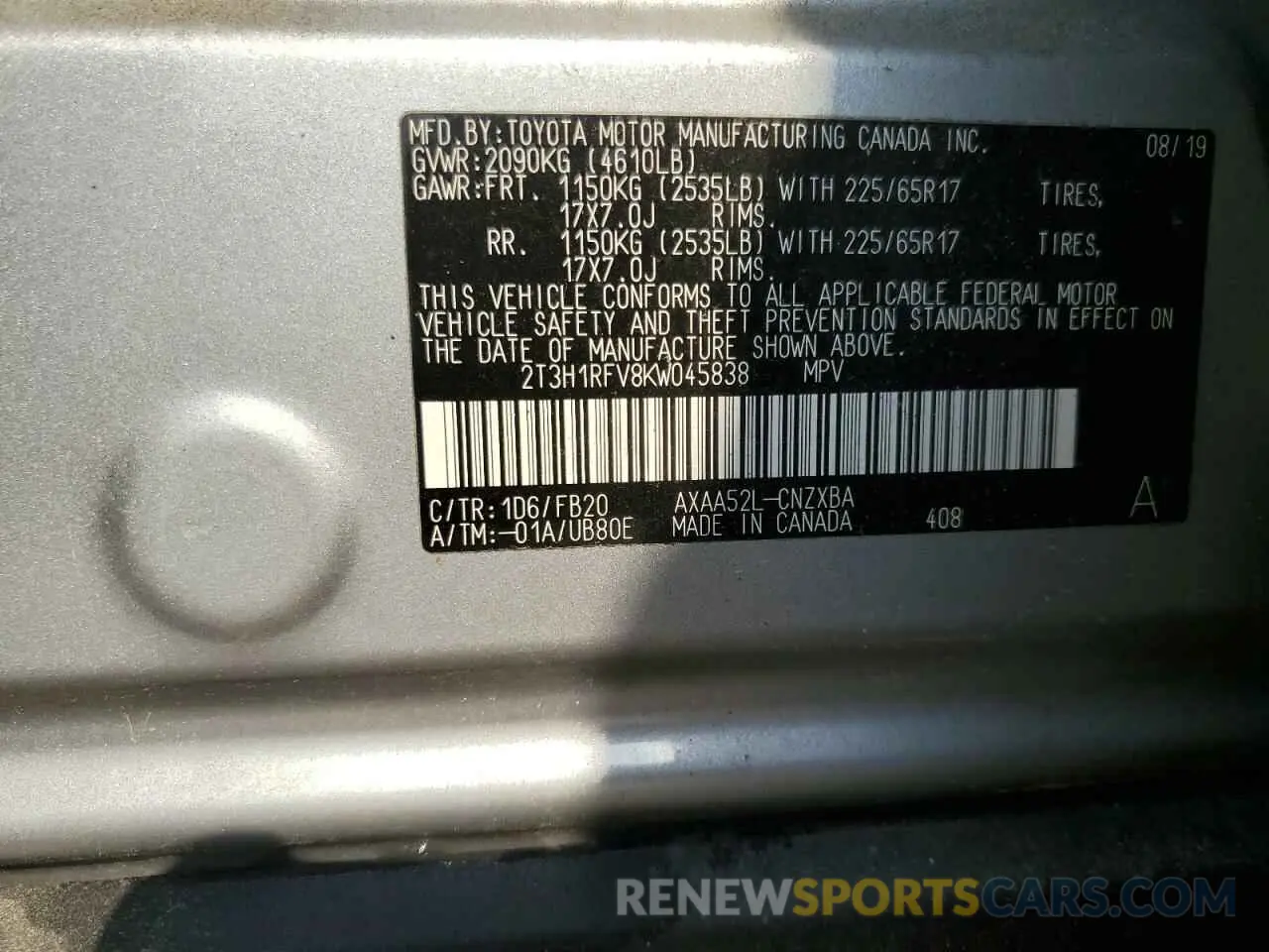 12 fotografías del automóvil dañado 2T3H1RFV8KW045838 TOYOTA RAV4 2019