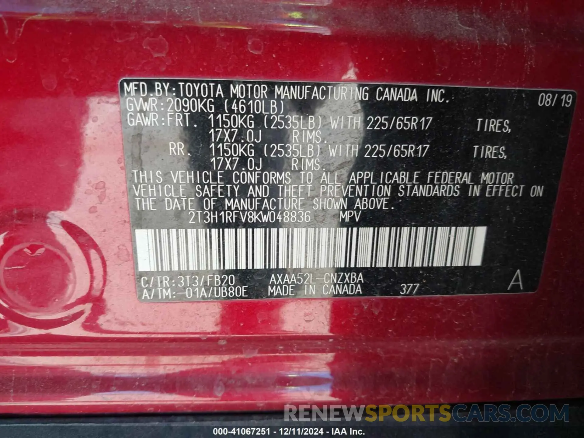9 fotografías del automóvil dañado 2T3H1RFV8KW048836 TOYOTA RAV4 2019