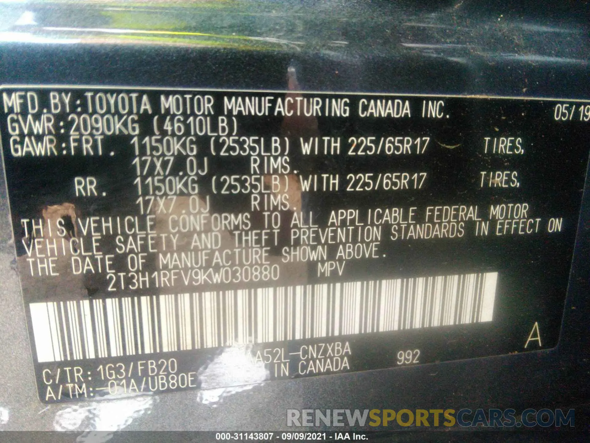 9 fotografías del automóvil dañado 2T3H1RFV9KW030880 TOYOTA RAV4 2019