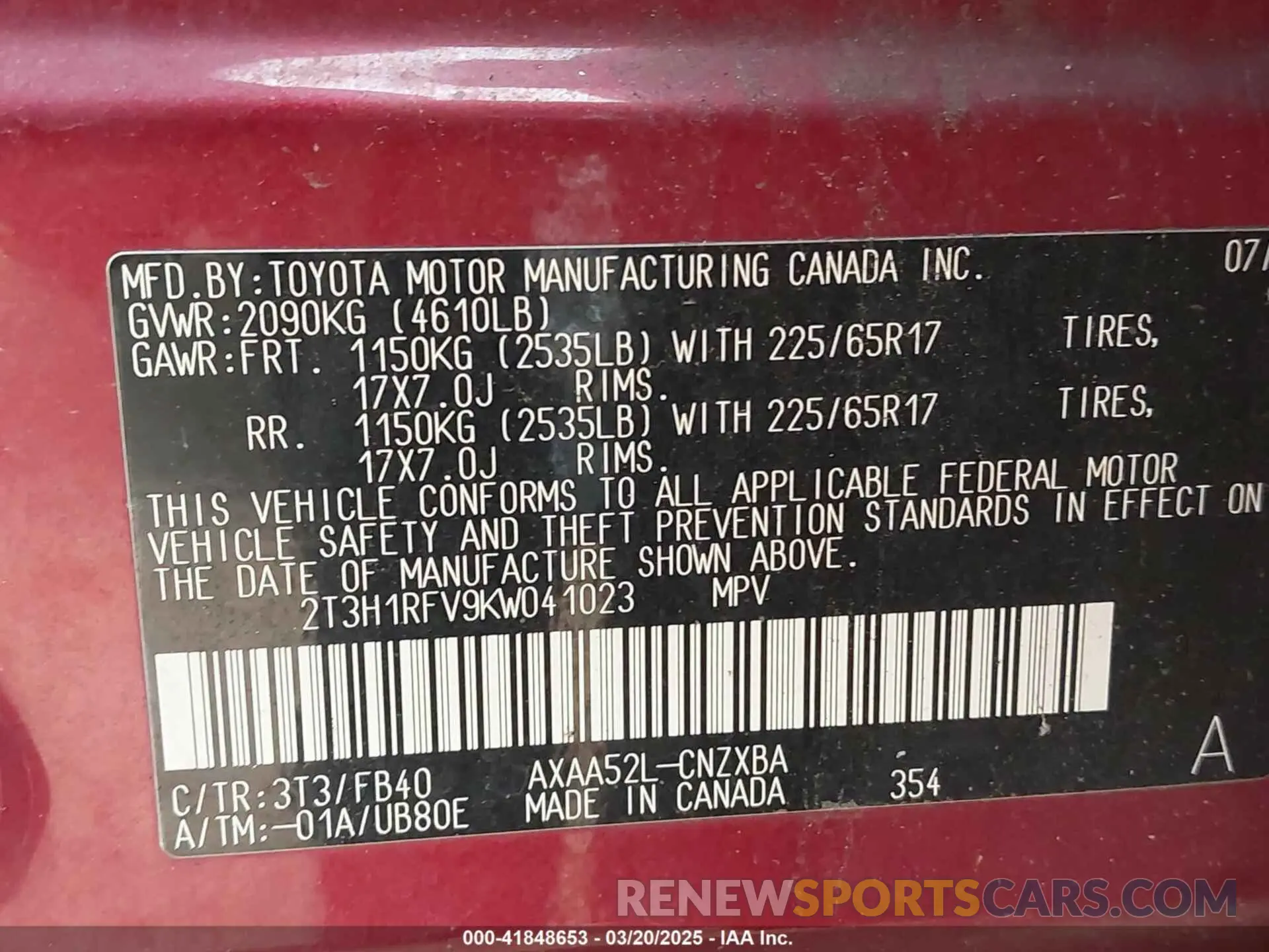 9 fotografías del automóvil dañado 2T3H1RFV9KW041023 TOYOTA RAV4 2019