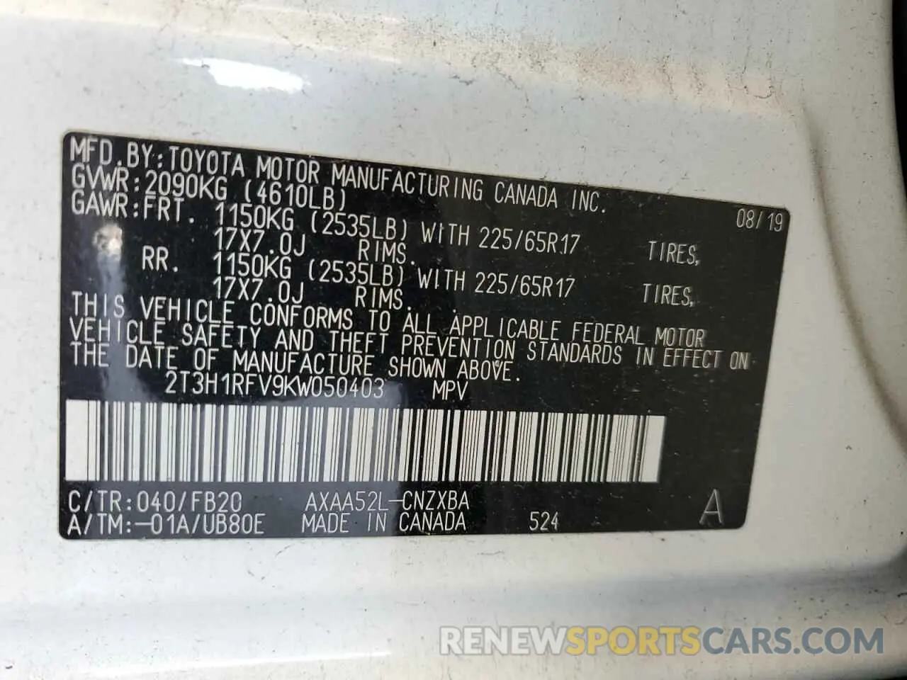 10 fotografías del automóvil dañado 2T3H1RFV9KW050403 TOYOTA RAV4 2019