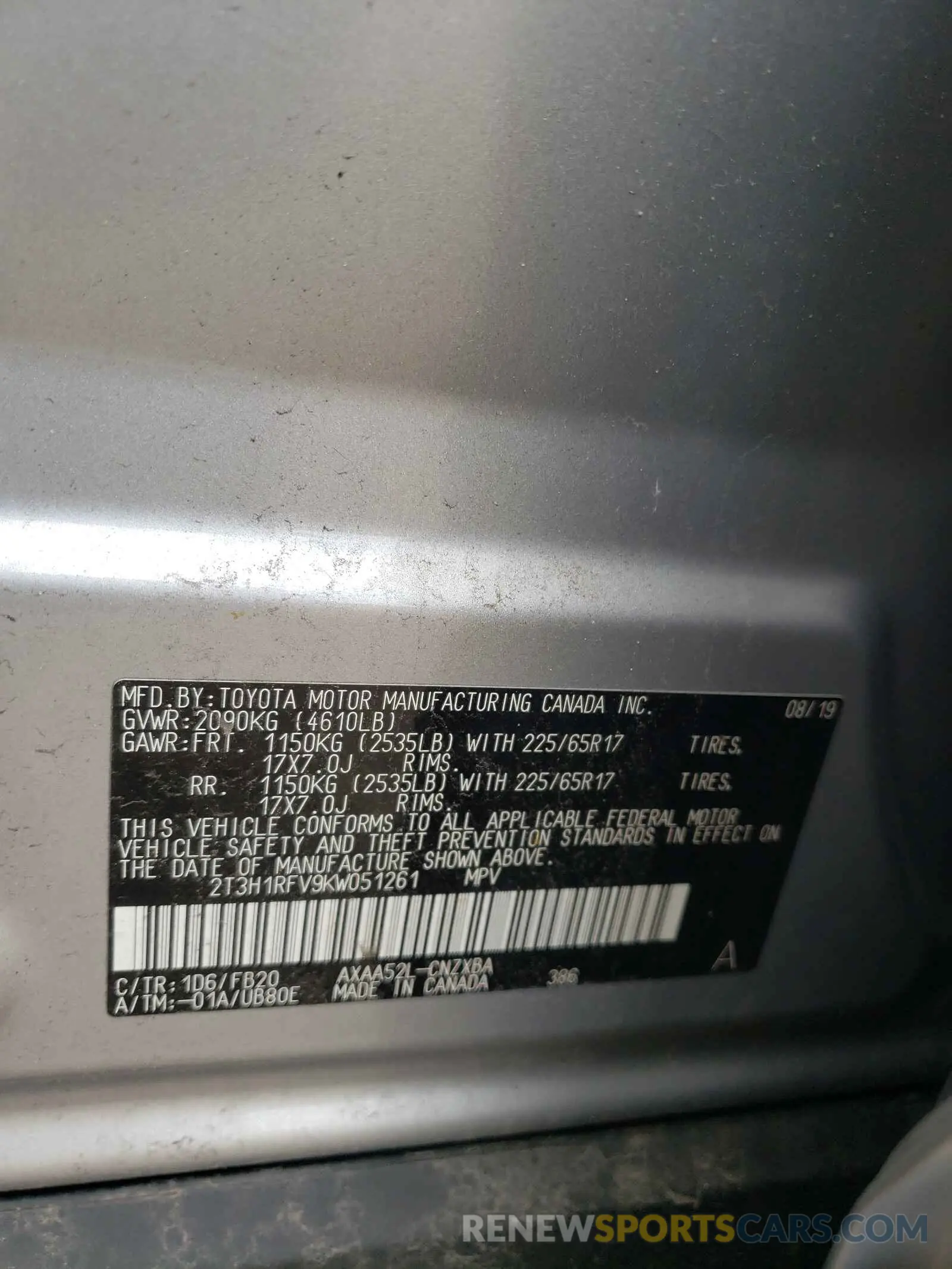 10 fotografías del automóvil dañado 2T3H1RFV9KW051261 TOYOTA RAV4 2019