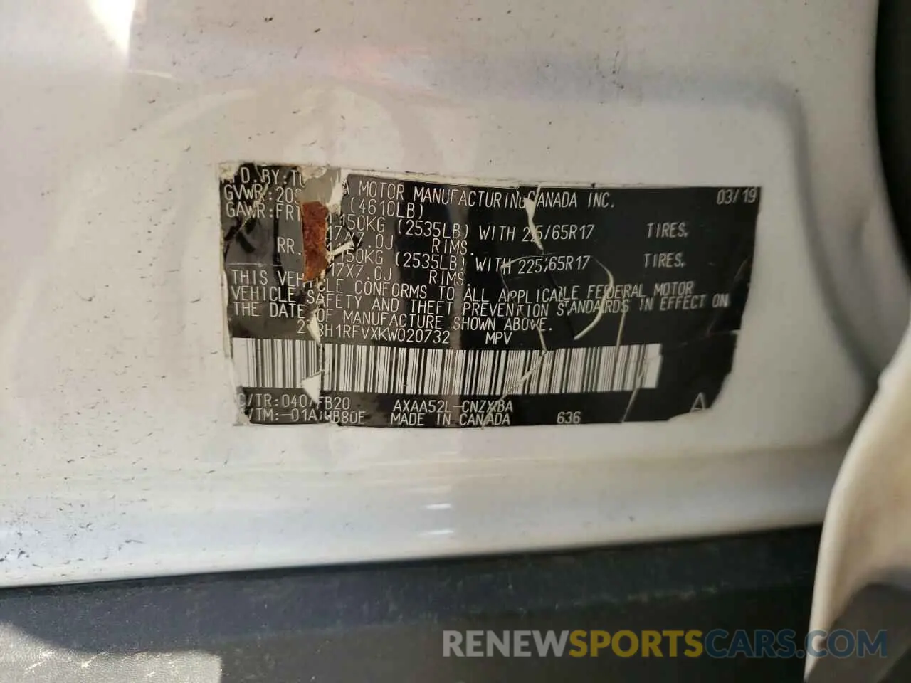 12 fotografías del automóvil dañado 2T3H1RFVXKW020732 TOYOTA RAV4 2019