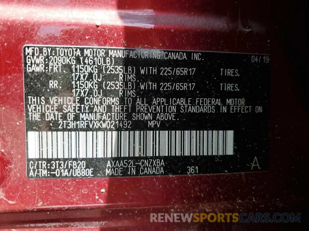 12 fotografías del automóvil dañado 2T3H1RFVXKW021492 TOYOTA RAV4 2019