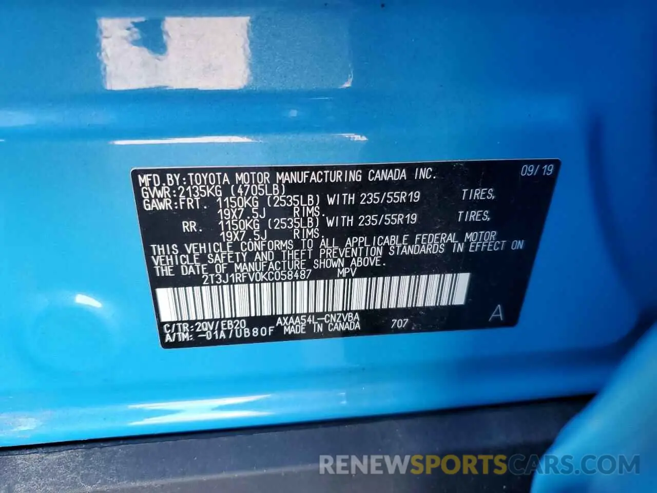 14 fotografías del automóvil dañado 2T3J1RFV0KC058487 TOYOTA RAV4 2019