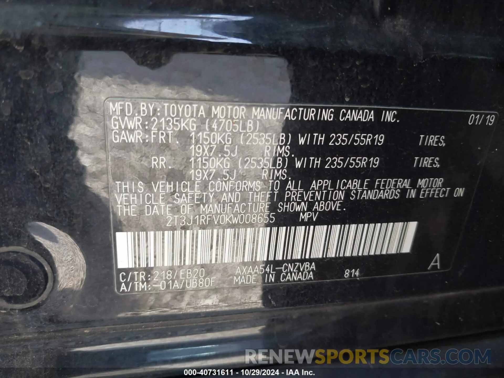 9 fotografías del automóvil dañado 2T3J1RFV0KW008655 TOYOTA RAV4 2019