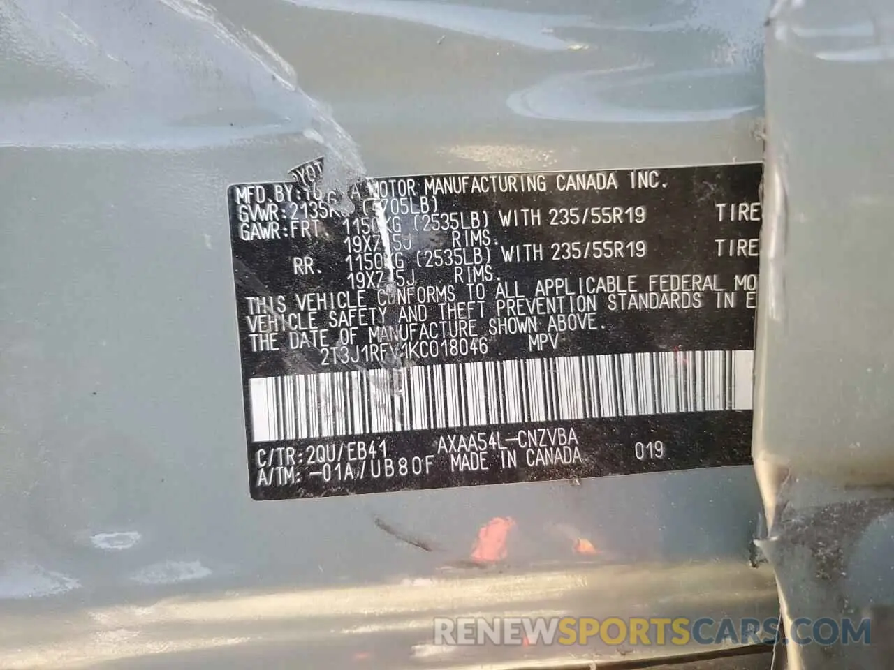 12 fotografías del automóvil dañado 2T3J1RFV1KC018046 TOYOTA RAV4 2019