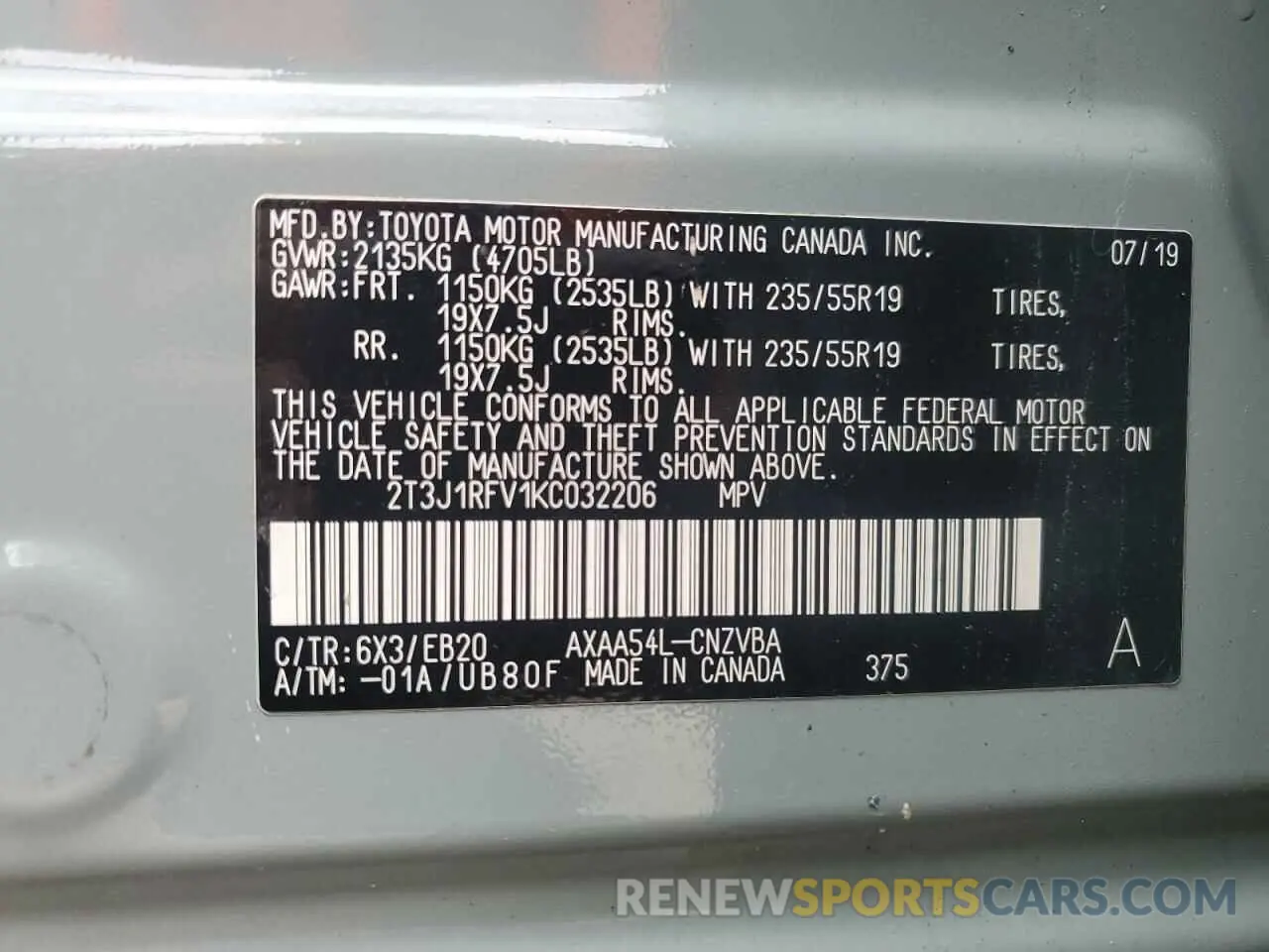 12 fotografías del automóvil dañado 2T3J1RFV1KC032206 TOYOTA RAV4 2019
