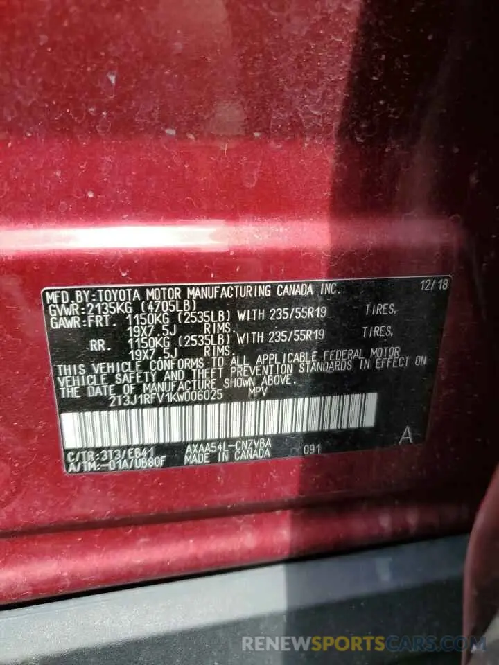 12 fotografías del automóvil dañado 2T3J1RFV1KW006025 TOYOTA RAV4 2019