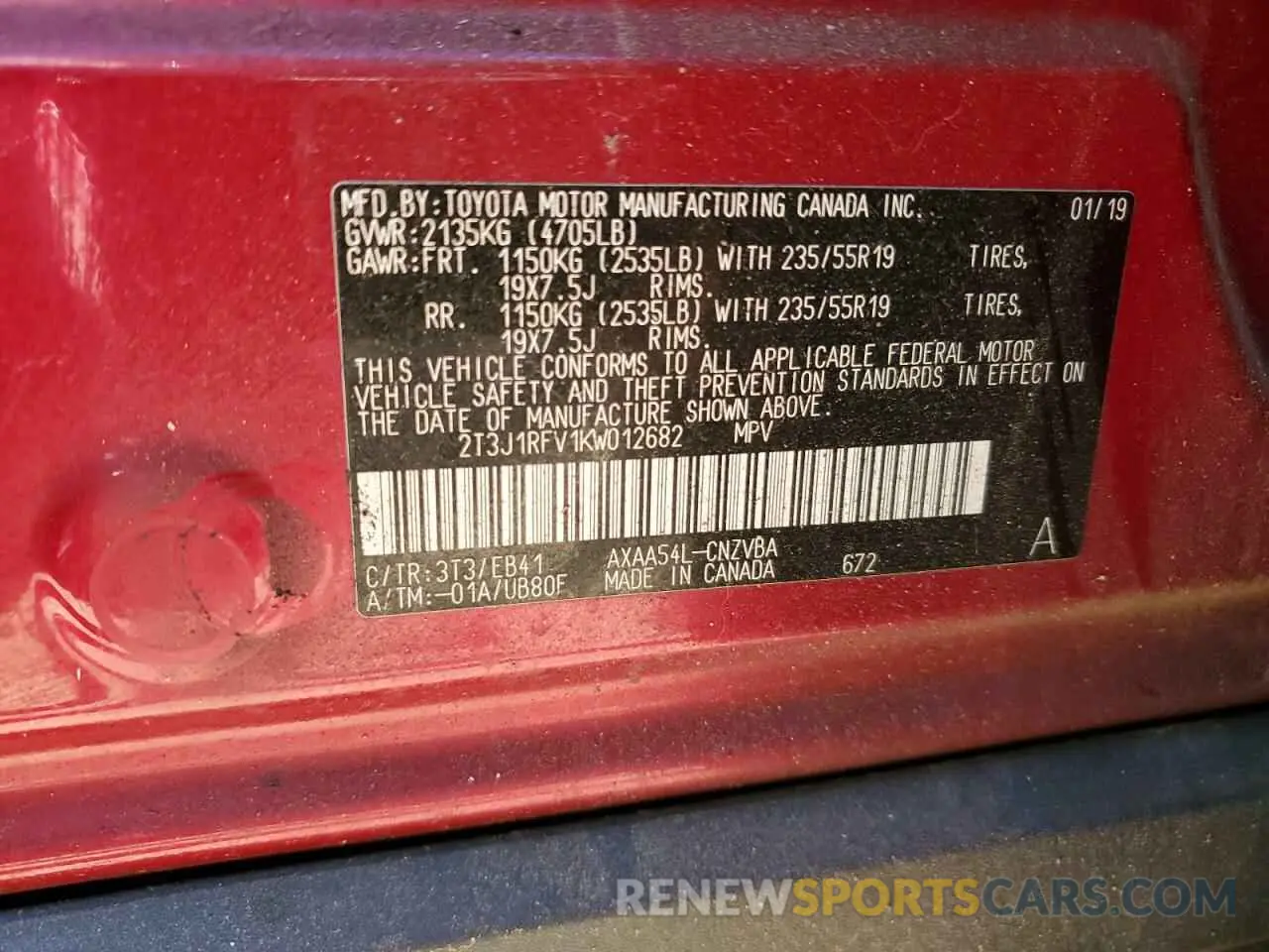 13 fotografías del automóvil dañado 2T3J1RFV1KW012682 TOYOTA RAV4 2019