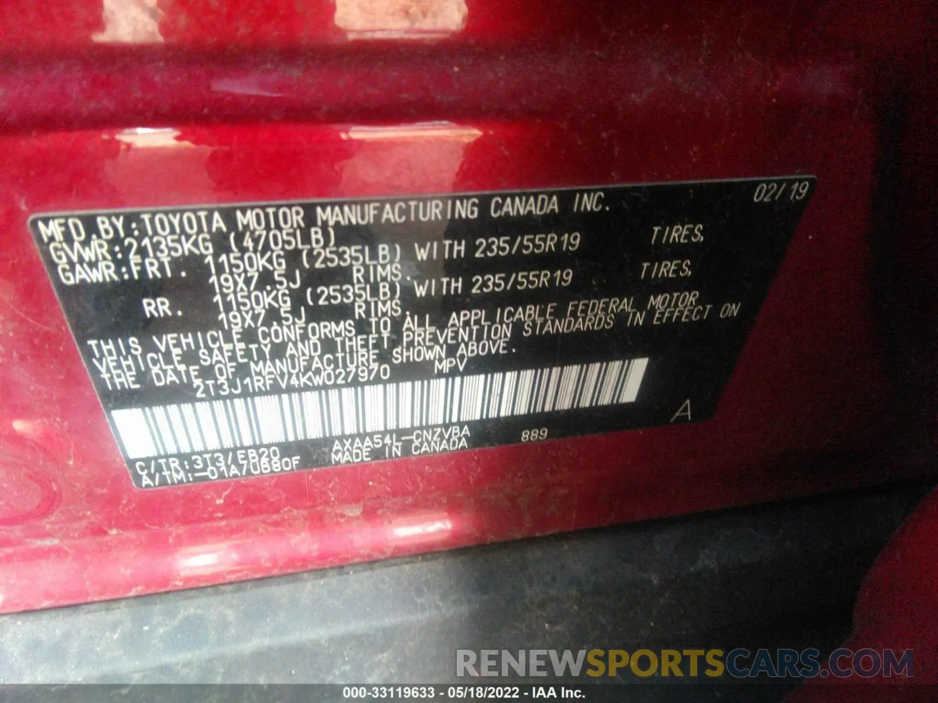 9 fotografías del automóvil dañado 2T3J1RFV4KW027970 TOYOTA RAV4 2019