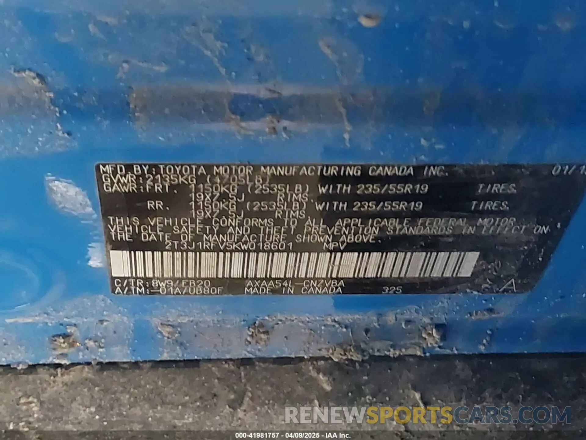9 fotografías del automóvil dañado 2T3J1RFV5KW018601 TOYOTA RAV4 2019