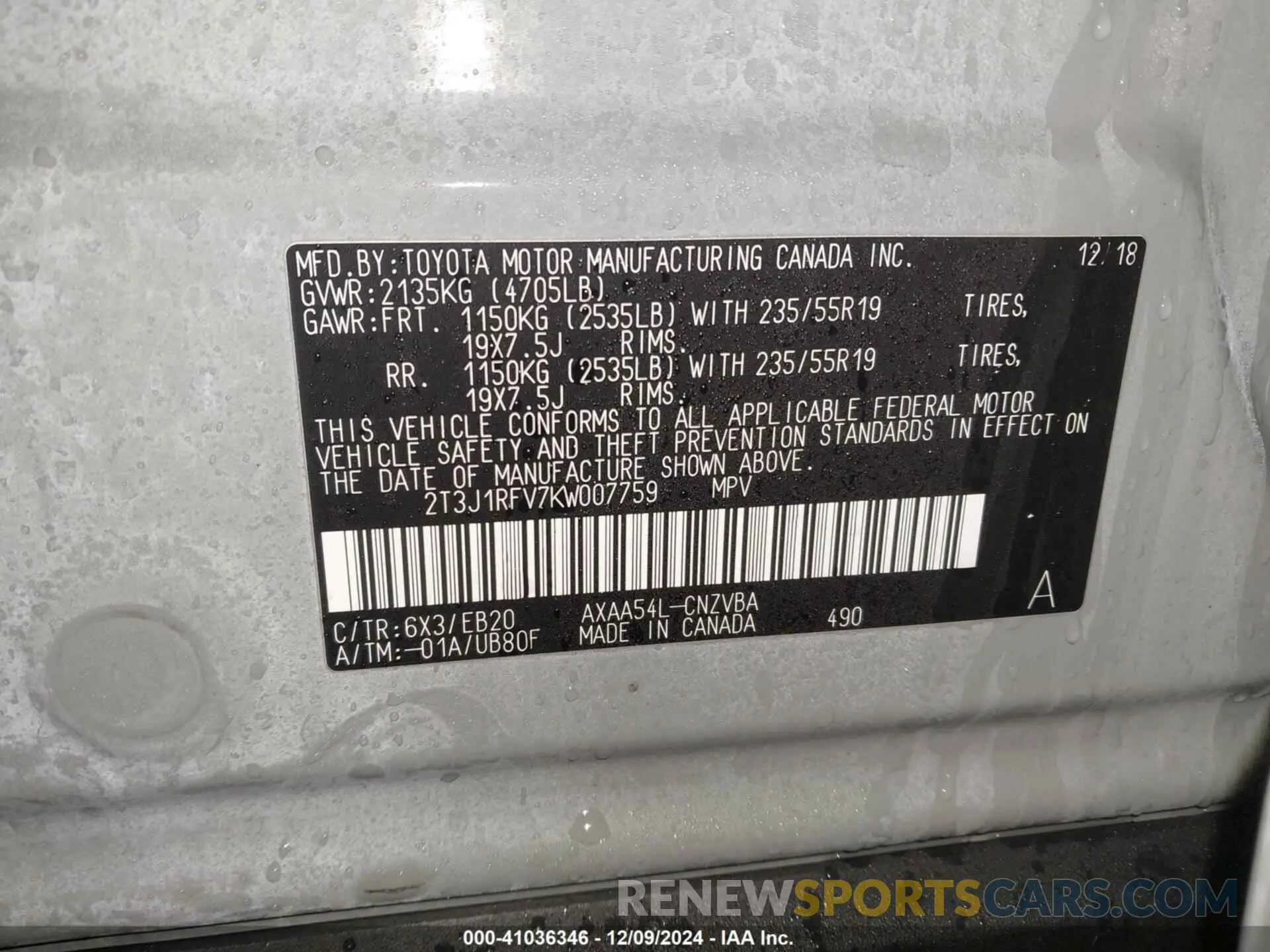 9 fotografías del automóvil dañado 2T3J1RFV7KW007759 TOYOTA RAV4 2019
