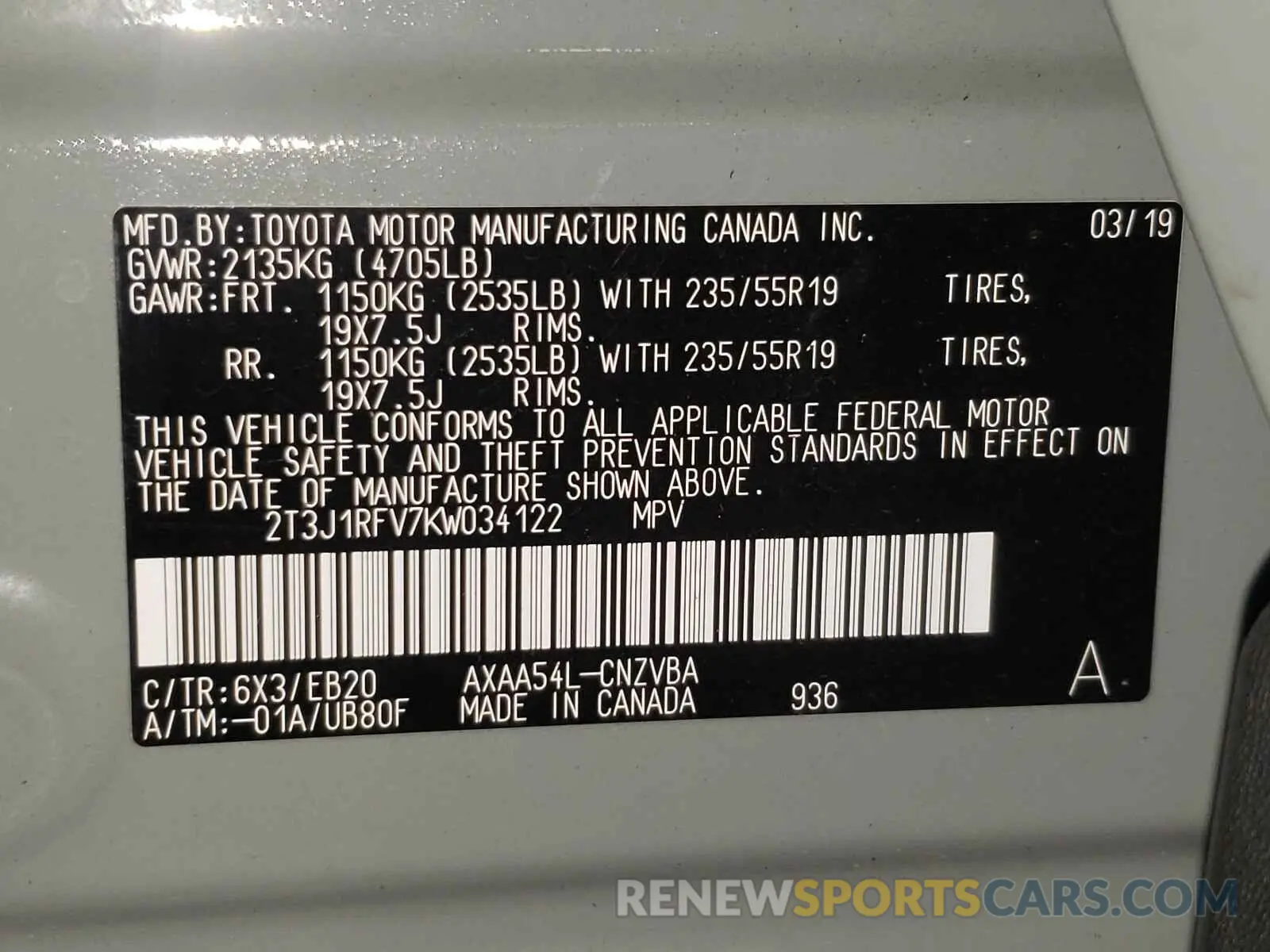 10 fotografías del automóvil dañado 2T3J1RFV7KW034122 TOYOTA RAV4 2019