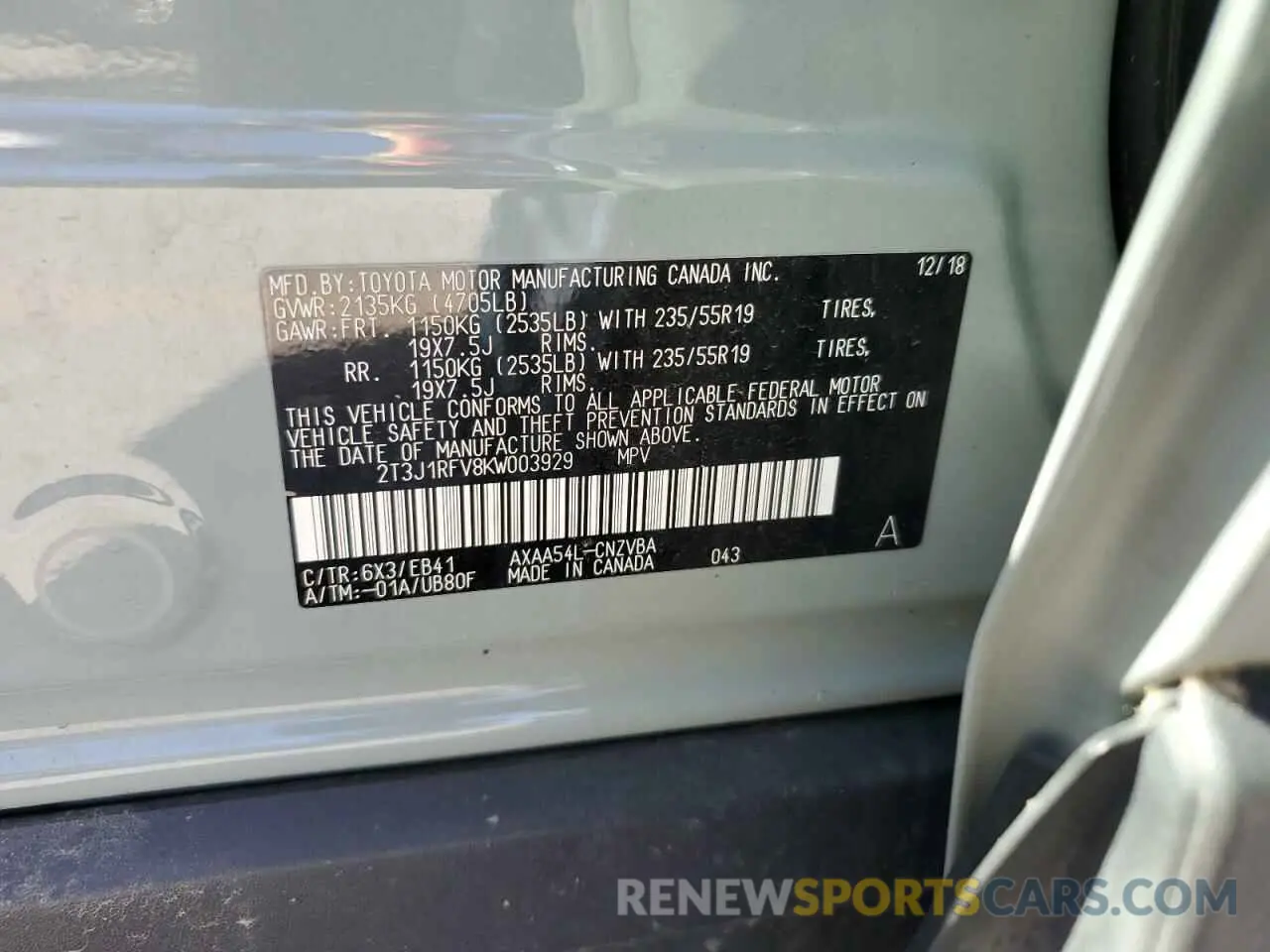 13 fotografías del automóvil dañado 2T3J1RFV8KW003929 TOYOTA RAV4 2019
