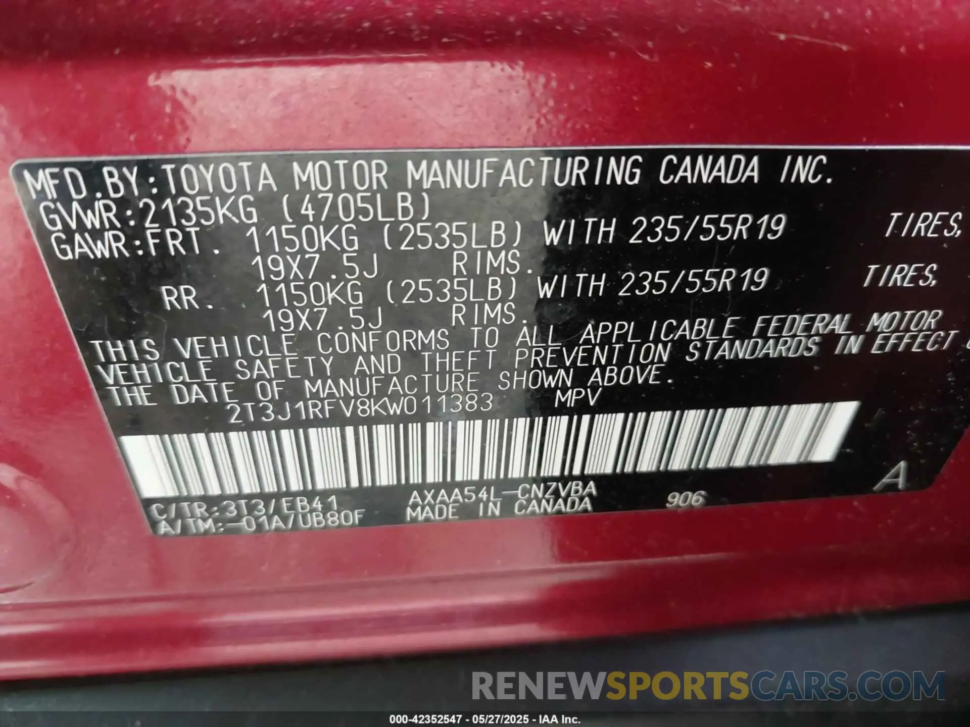 9 fotografías del automóvil dañado 2T3J1RFV8KW011383 TOYOTA RAV4 2019