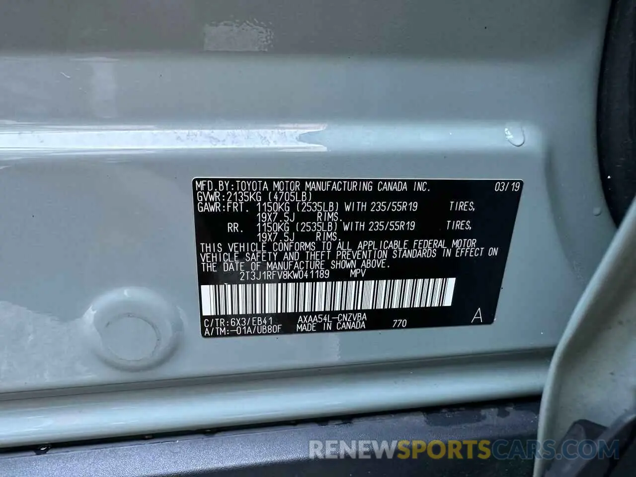 10 fotografías del automóvil dañado 2T3J1RFV8KW041189 TOYOTA RAV4 2019