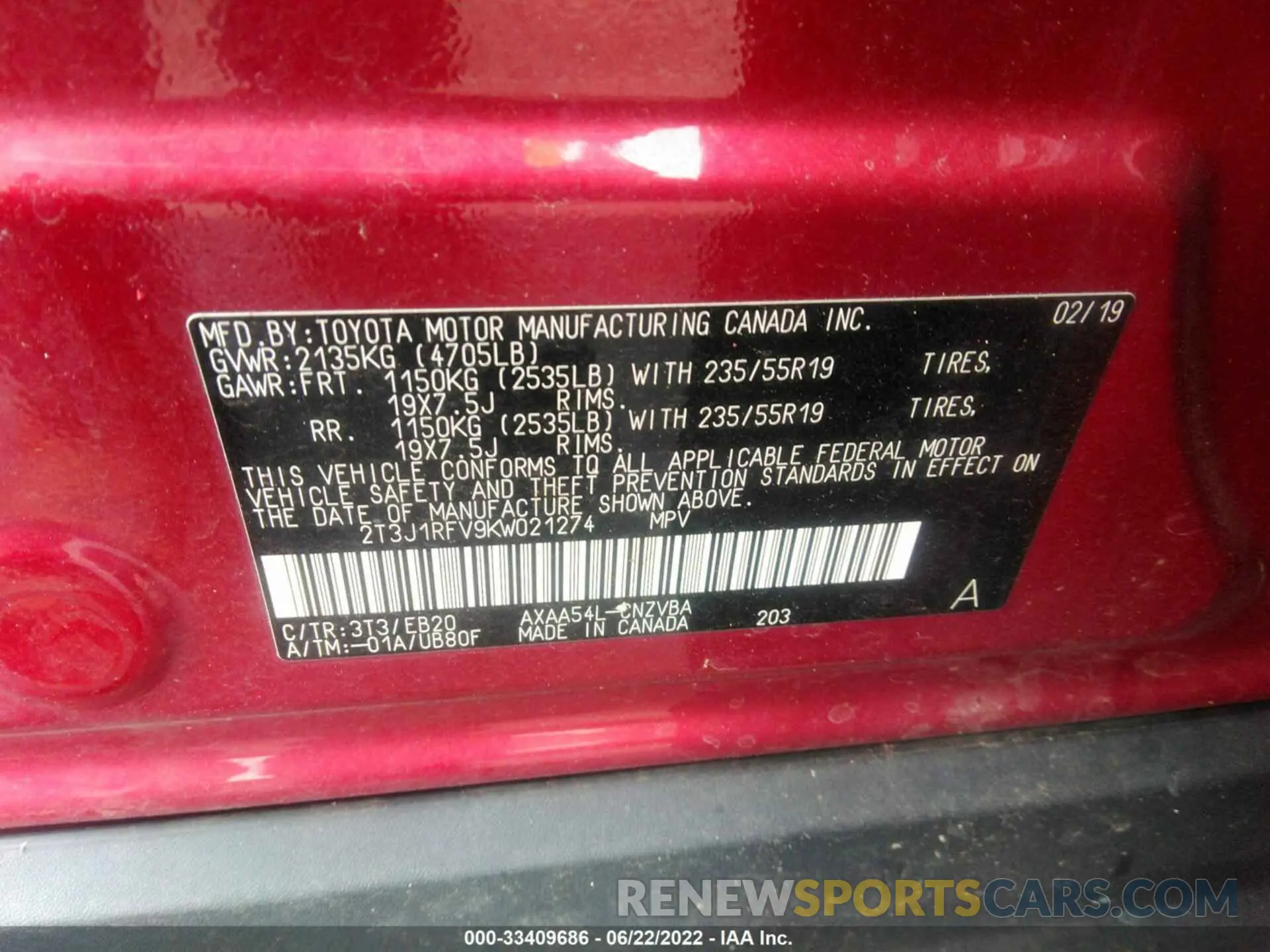 9 fotografías del automóvil dañado 2T3J1RFV9KW021274 TOYOTA RAV4 2019