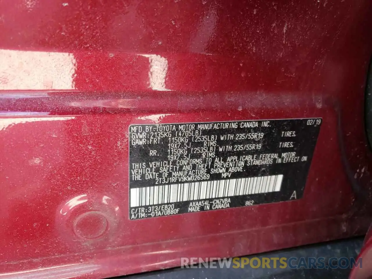 10 fotografías del automóvil dañado 2T3J1RFV9KW026569 TOYOTA RAV4 2019
