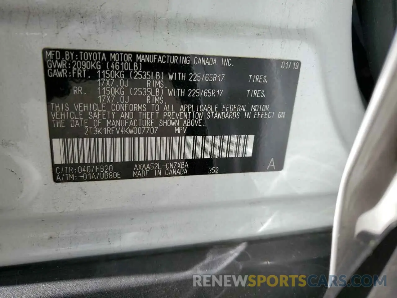 14 fotografías del automóvil dañado 2T3K1RFV4KW007707 TOYOTA RAV4 2019