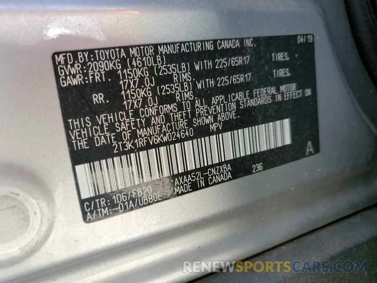13 fotografías del automóvil dañado 2T3K1RFV6KW024640 TOYOTA RAV4 2019
