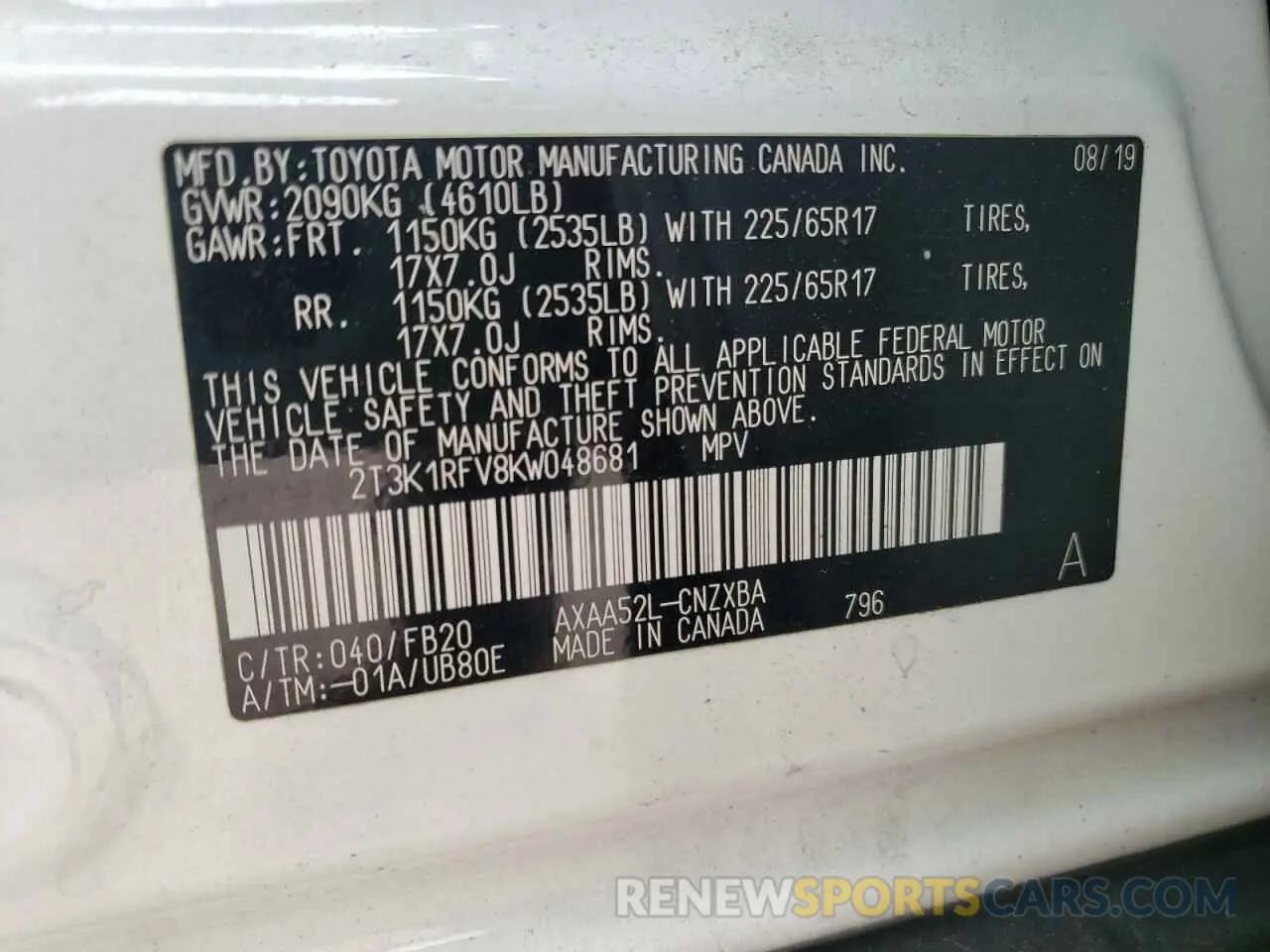 10 fotografías del automóvil dañado 2T3K1RFV8KW048681 TOYOTA RAV4 2019