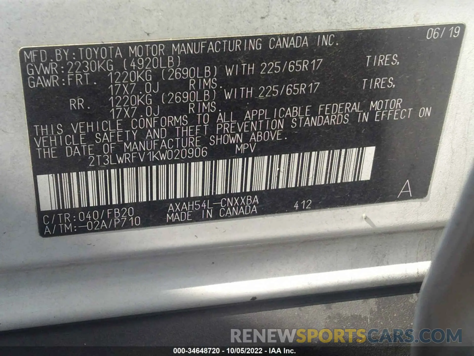 9 fotografías del automóvil dañado 2T3LWRFV1KW020906 TOYOTA RAV4 2019