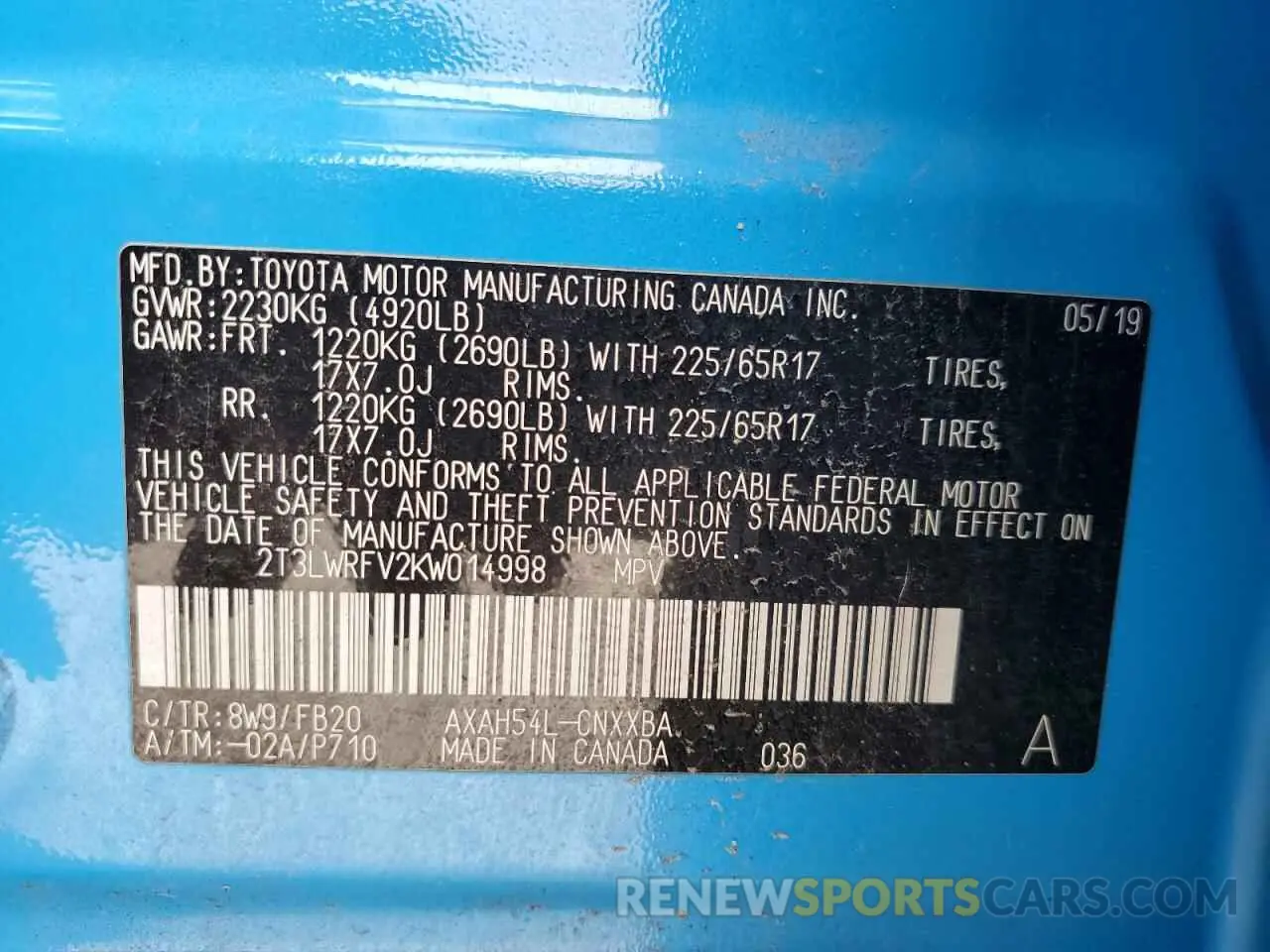 13 fotografías del automóvil dañado 2T3LWRFV2KW014998 TOYOTA RAV4 2019
