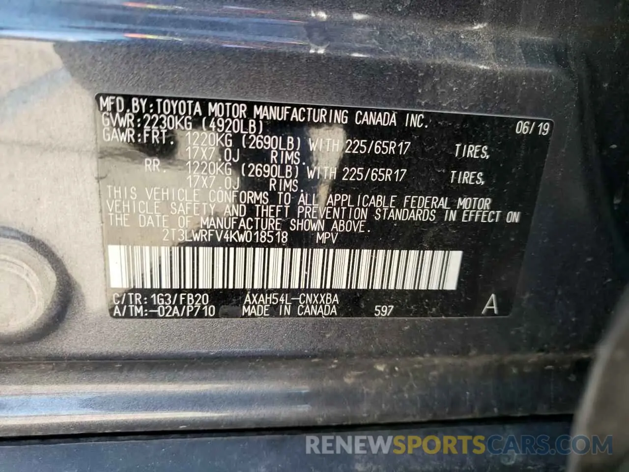 10 fotografías del automóvil dañado 2T3LWRFV4KW018518 TOYOTA RAV4 2019