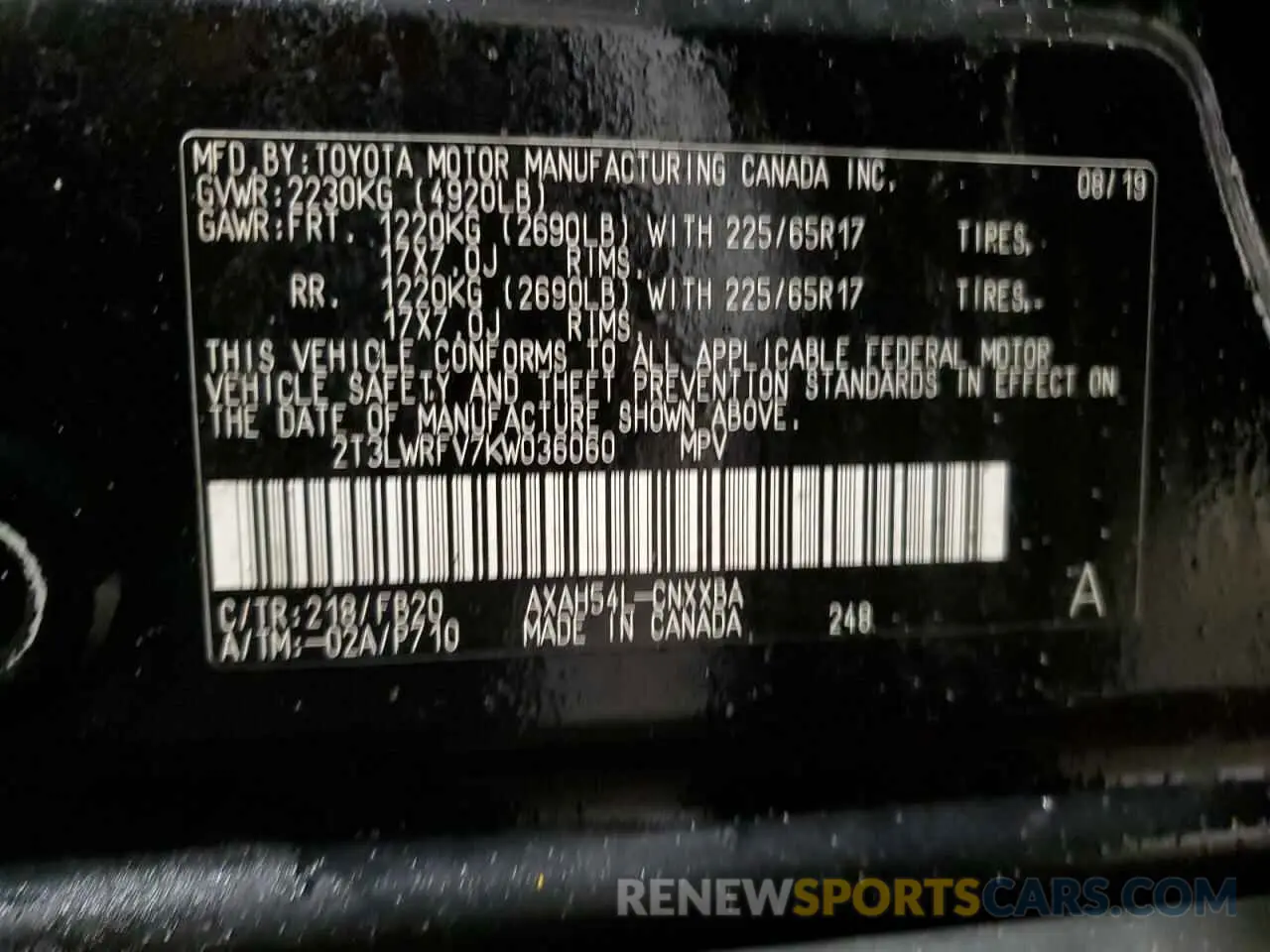 16 fotografías del automóvil dañado 2T3LWRFV7KW036060 TOYOTA RAV4 2019
