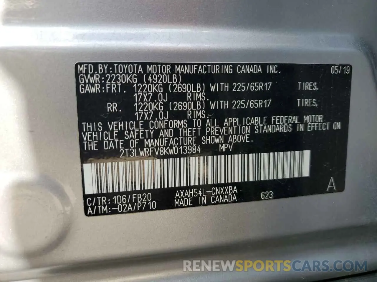 14 fotografías del automóvil dañado 2T3LWRFV8KW013984 TOYOTA RAV4 2019