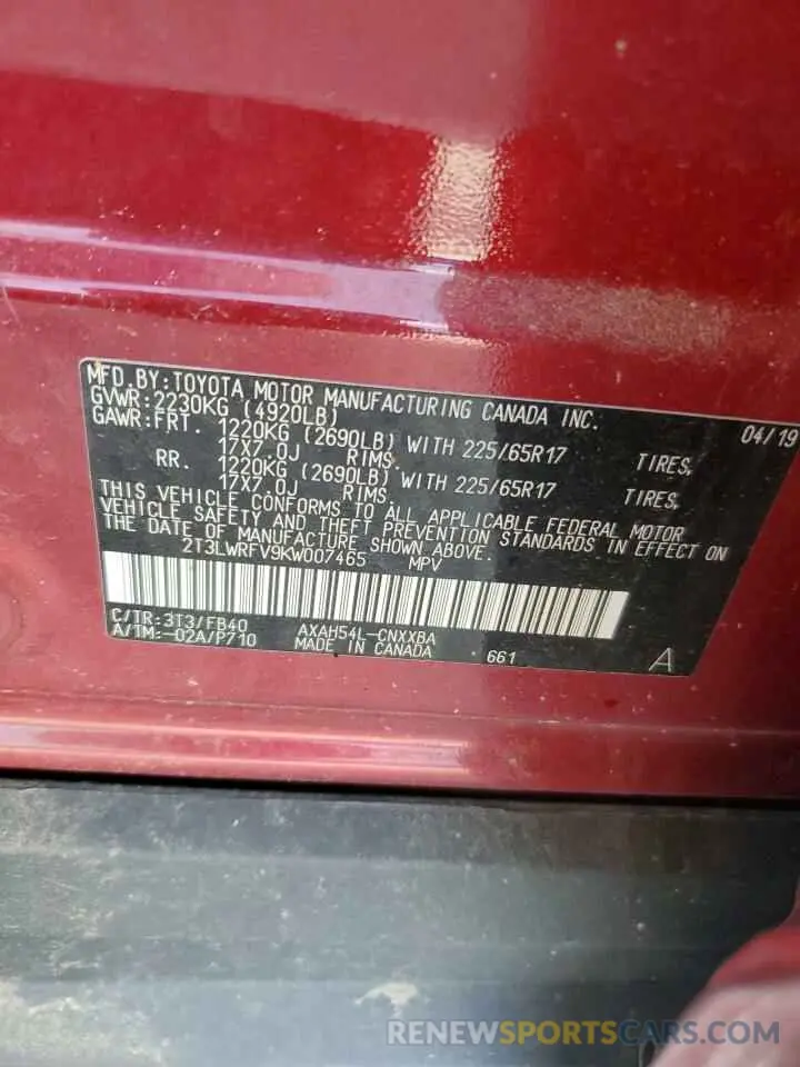 12 fotografías del automóvil dañado 2T3LWRFV9KW007465 TOYOTA RAV4 2019