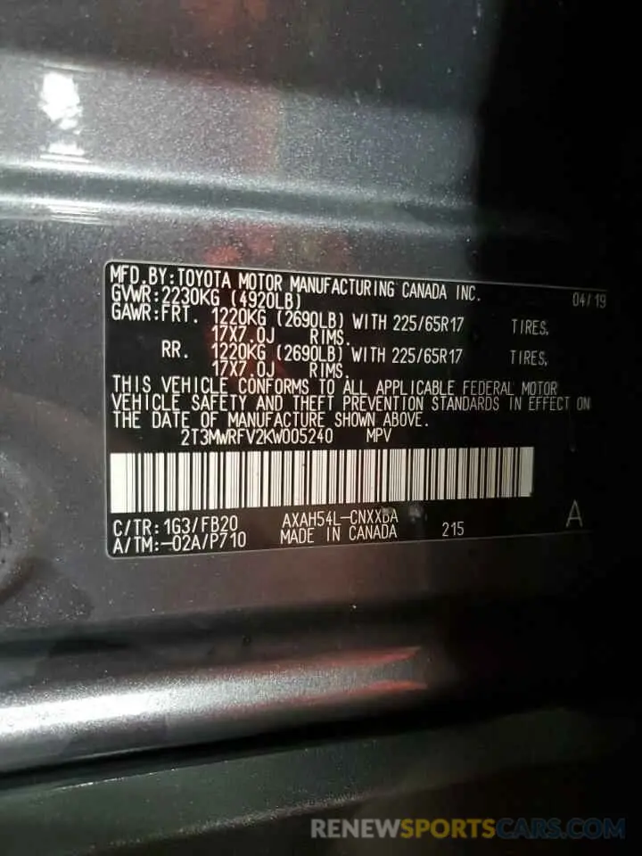 13 fotografías del automóvil dañado 2T3MWRFV2KW005240 TOYOTA RAV4 2019