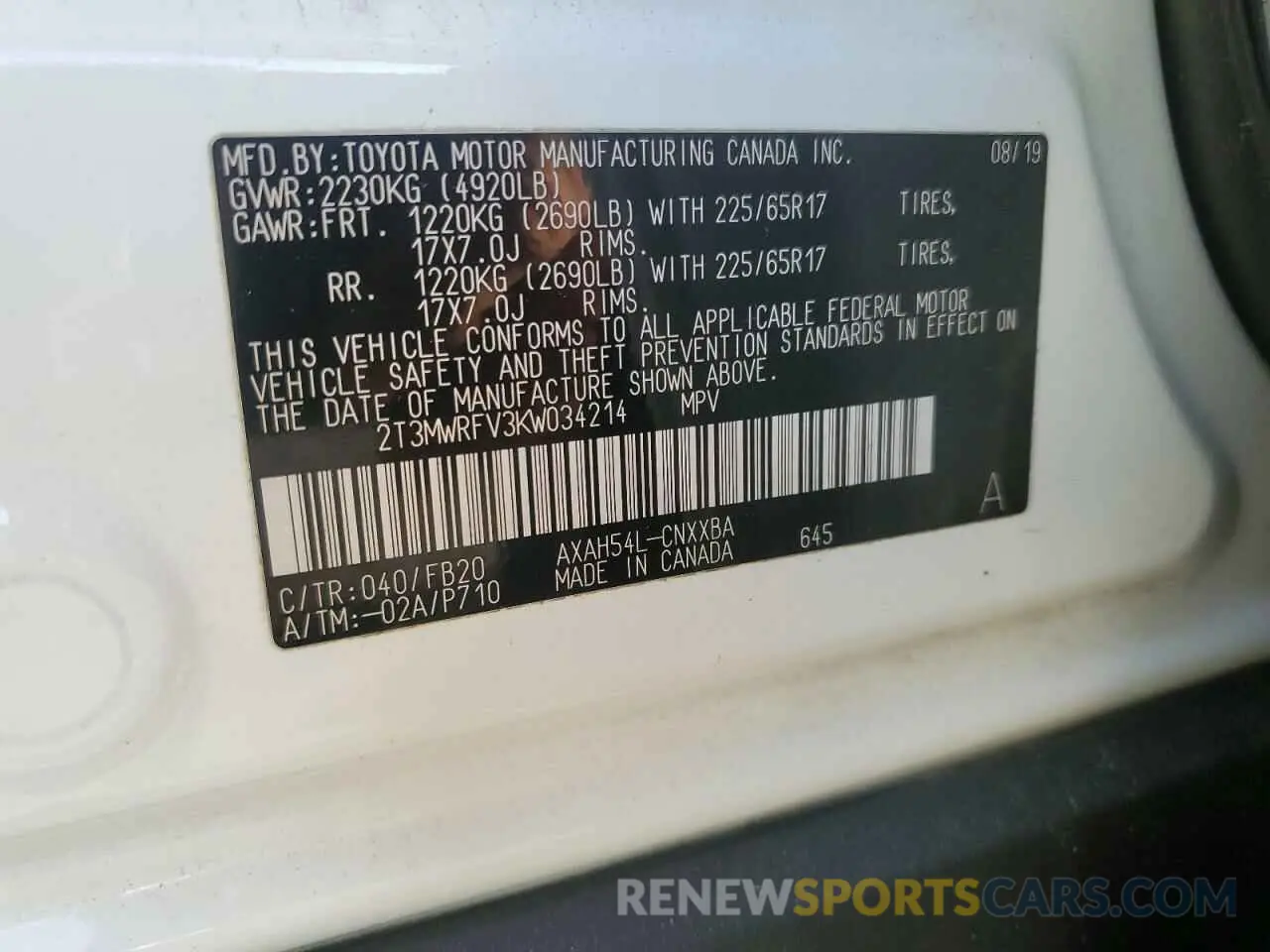 15 fotografías del automóvil dañado 2T3MWRFV3KW034214 TOYOTA RAV4 2019