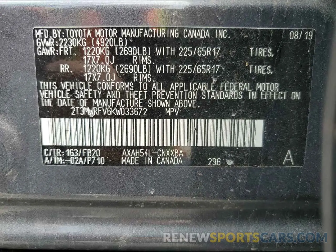 15 fotografías del automóvil dañado 2T3MWRFV6KW033672 TOYOTA RAV4 2019