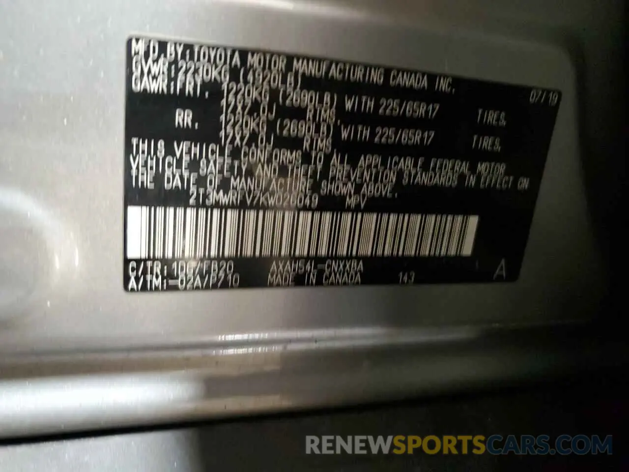 12 fotografías del automóvil dañado 2T3MWRFV7KW026049 TOYOTA RAV4 2019