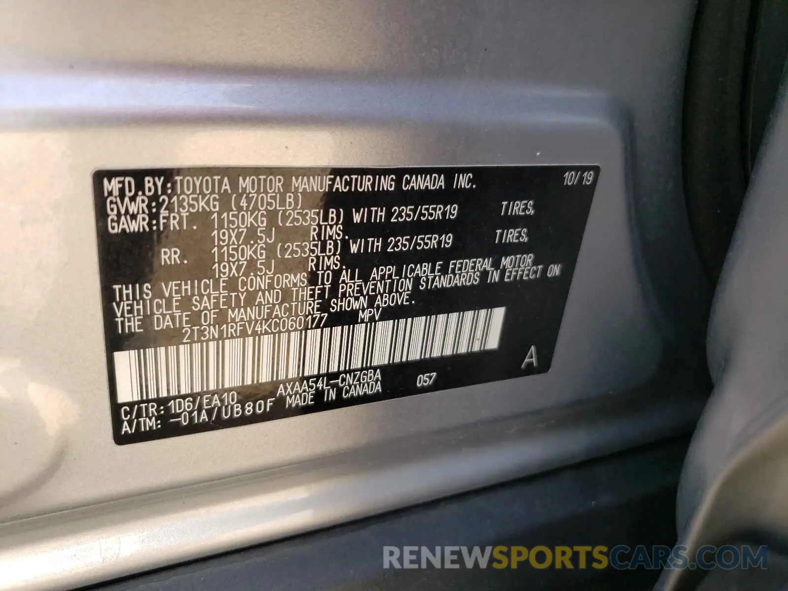 10 fotografías del automóvil dañado 2T3N1RFV4KC060177 TOYOTA RAV4 2019