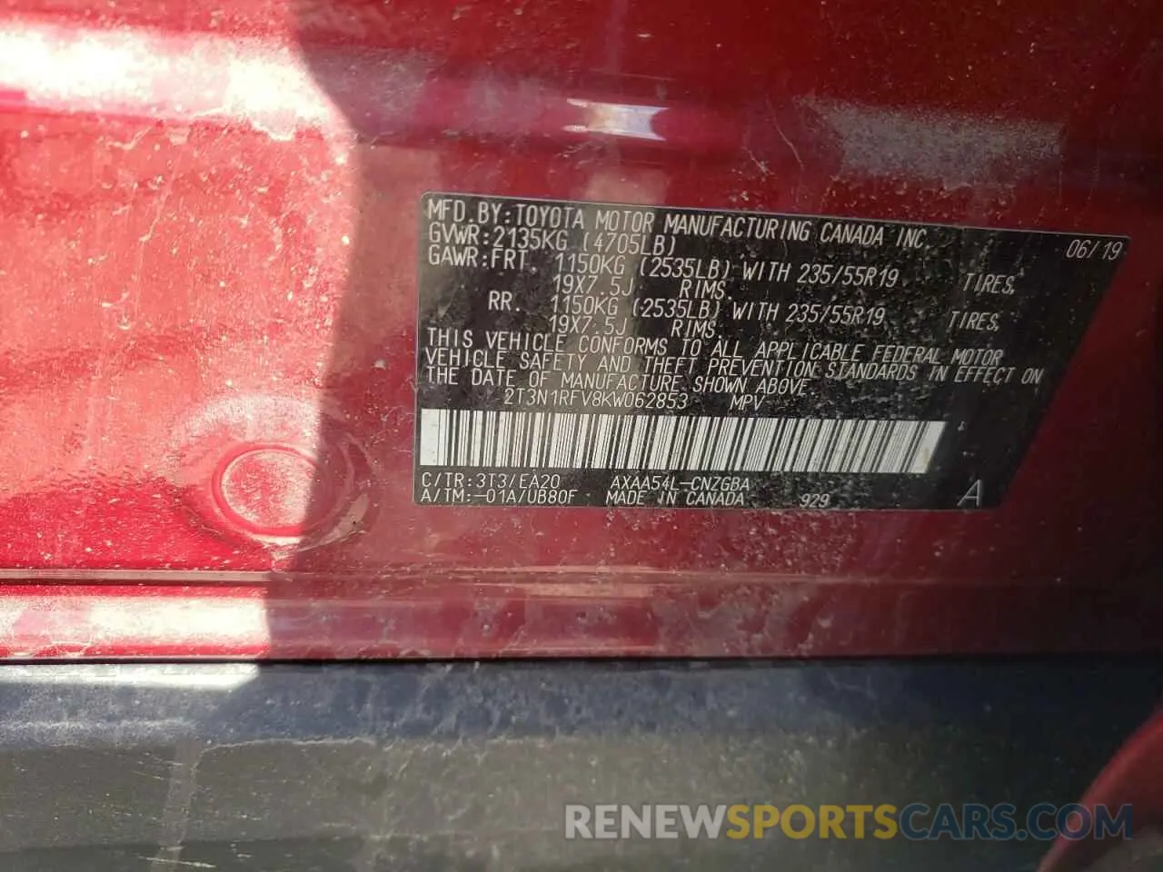10 fotografías del automóvil dañado 2T3N1RFV8KW062853 TOYOTA RAV4 2019