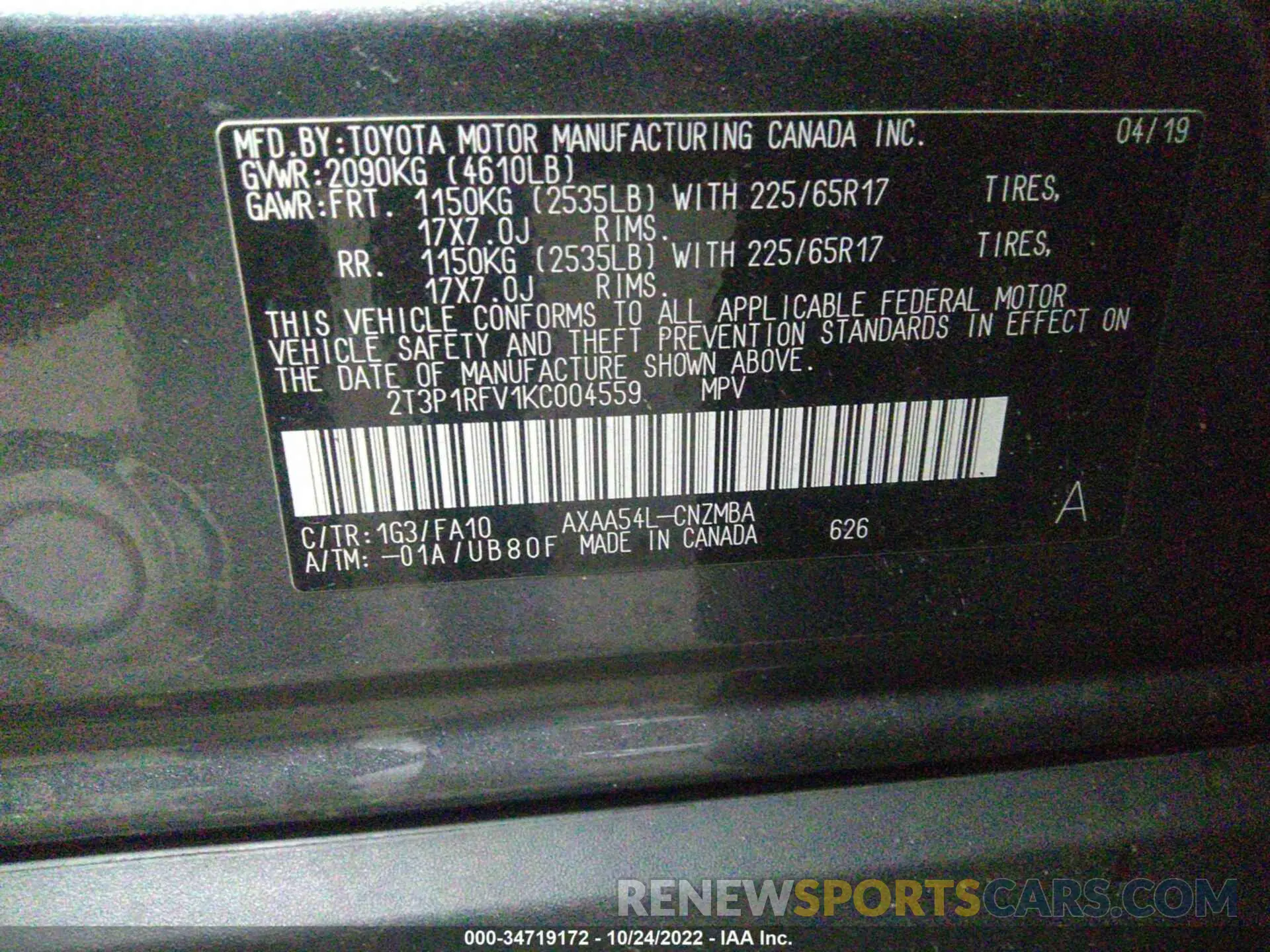 9 fotografías del automóvil dañado 2T3P1RFV1KC004559 TOYOTA RAV4 2019