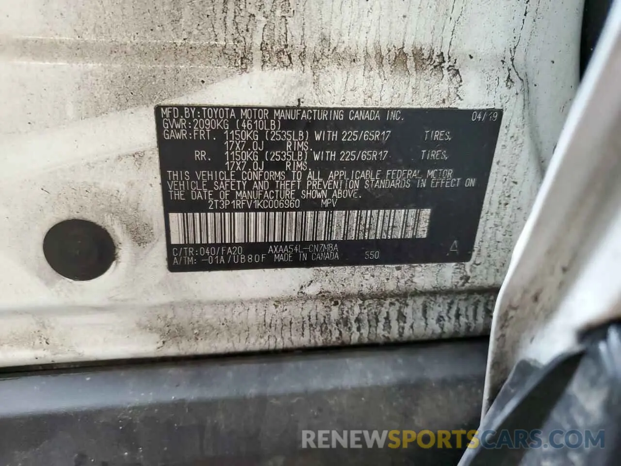 14 fotografías del automóvil dañado 2T3P1RFV1KC006960 TOYOTA RAV4 2019
