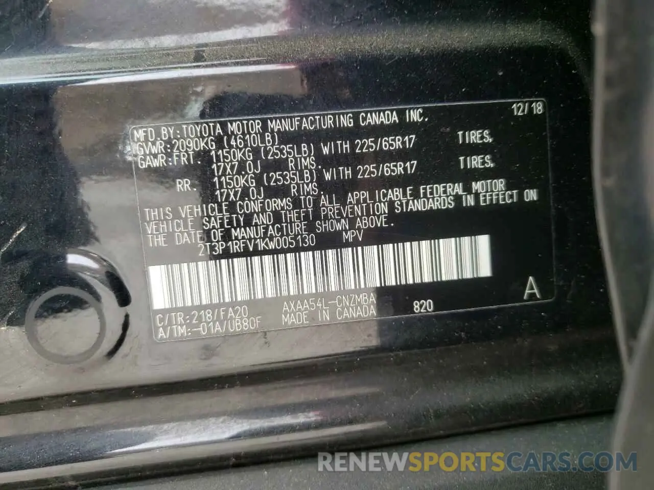10 fotografías del automóvil dañado 2T3P1RFV1KW005130 TOYOTA RAV4 2019