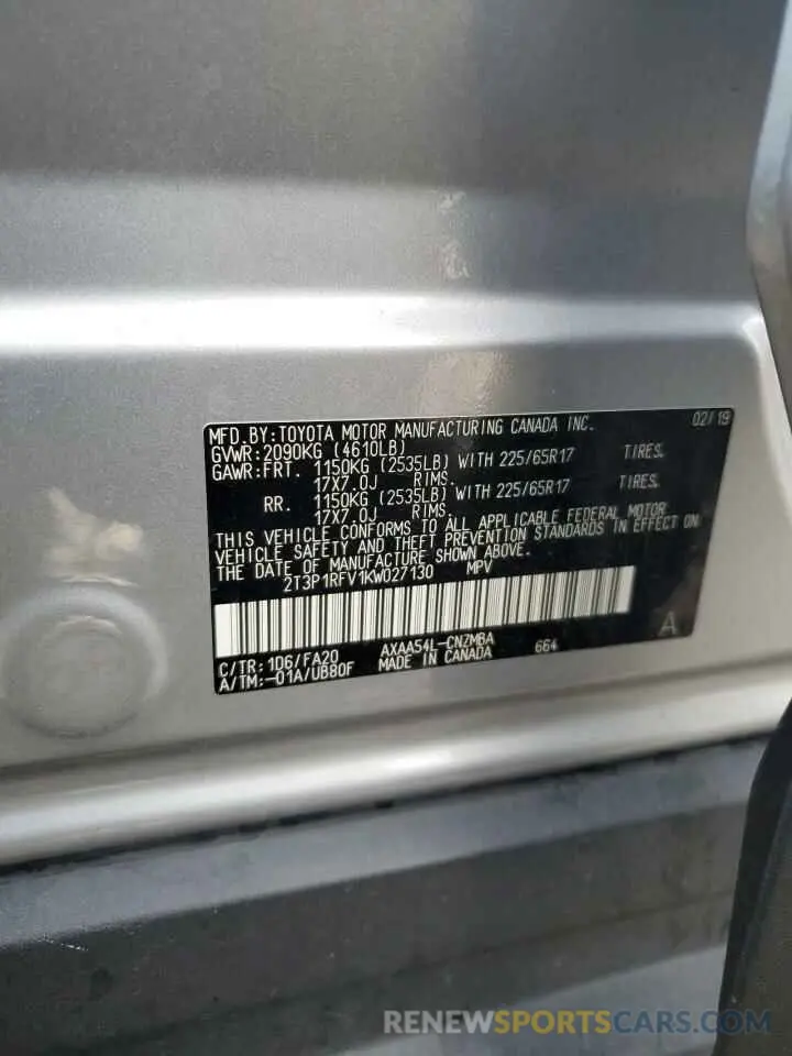 12 fotografías del automóvil dañado 2T3P1RFV1KW027130 TOYOTA RAV4 2019