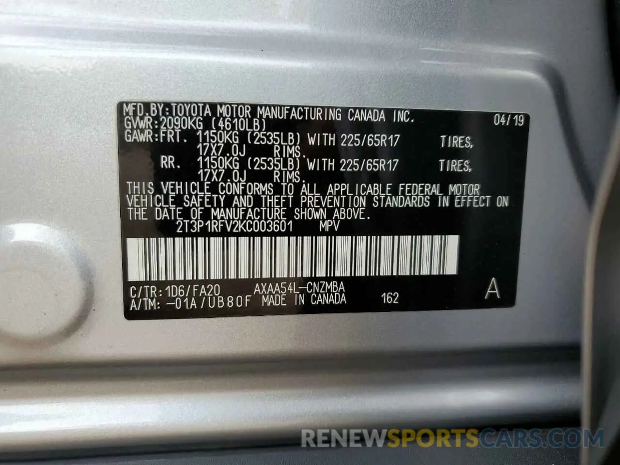 14 fotografías del automóvil dañado 2T3P1RFV2KC003601 TOYOTA RAV4 2019