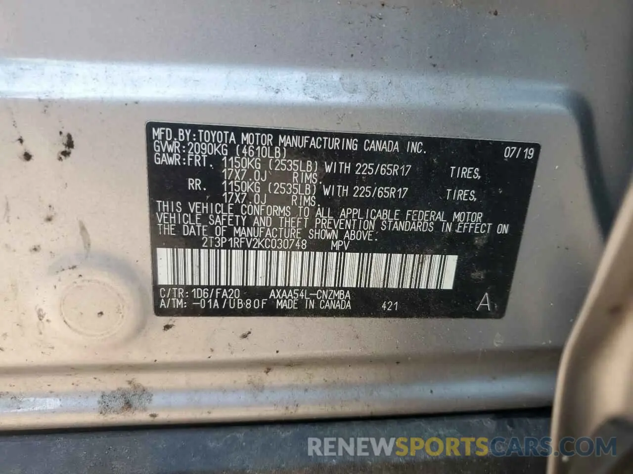 13 fotografías del automóvil dañado 2T3P1RFV2KC030748 TOYOTA RAV4 2019