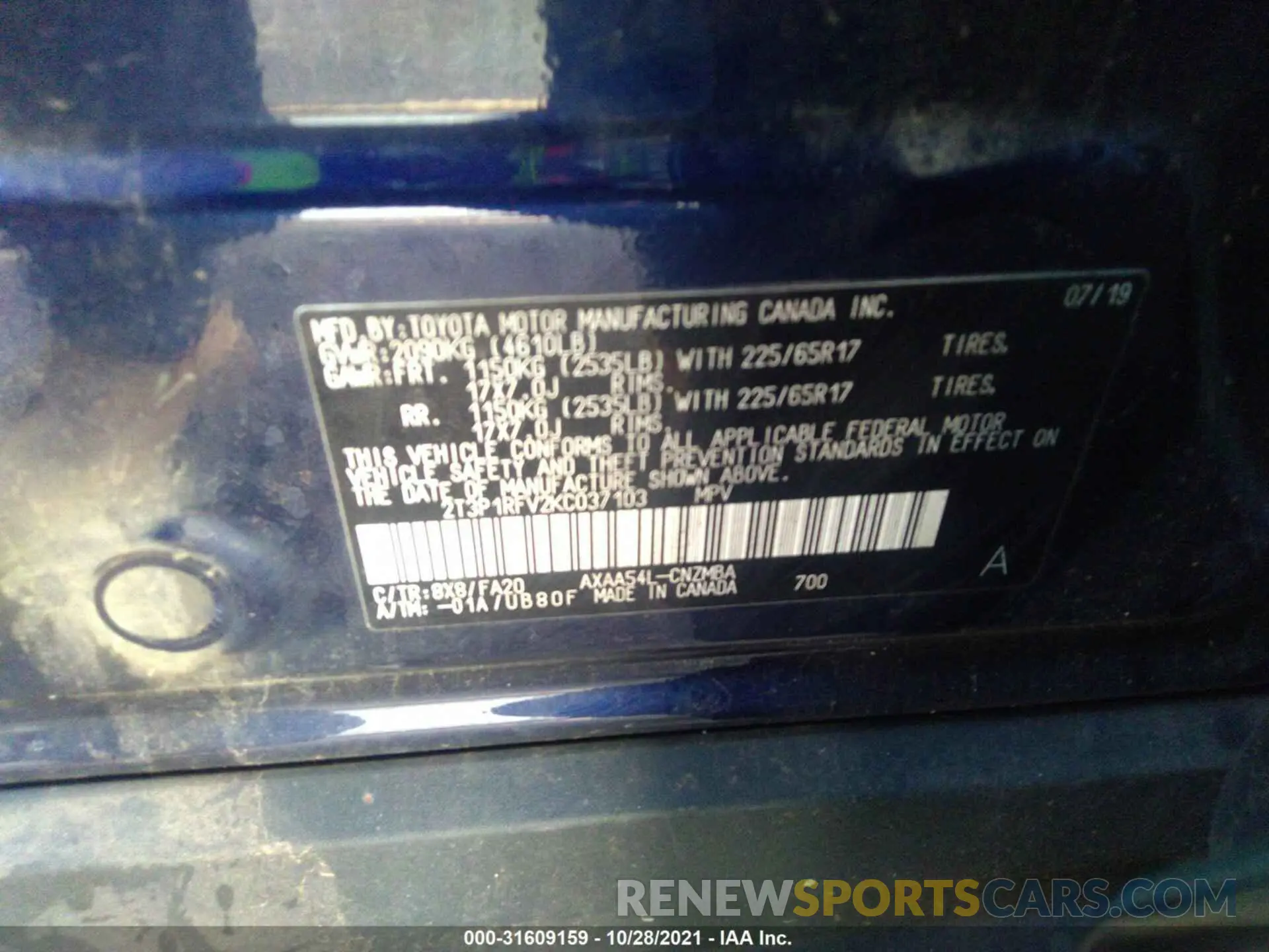 9 fotografías del automóvil dañado 2T3P1RFV2KC037103 TOYOTA RAV4 2019