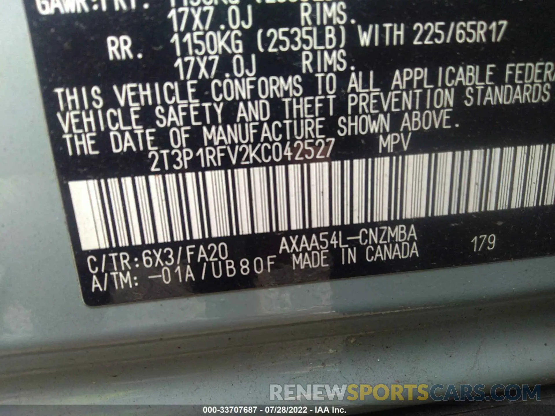 9 fotografías del automóvil dañado 2T3P1RFV2KC042527 TOYOTA RAV4 2019