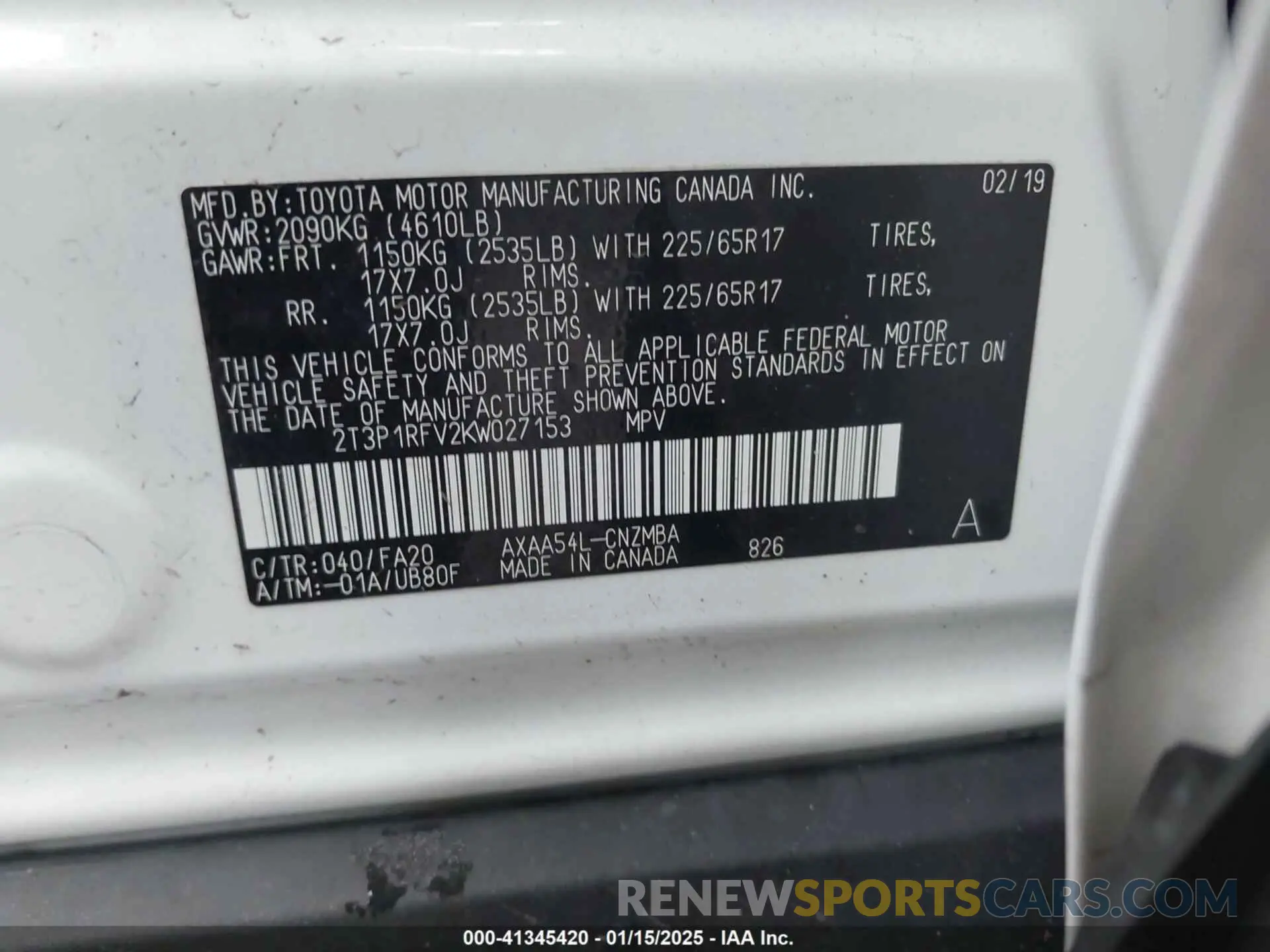 9 fotografías del automóvil dañado 2T3P1RFV2KW027153 TOYOTA RAV4 2019