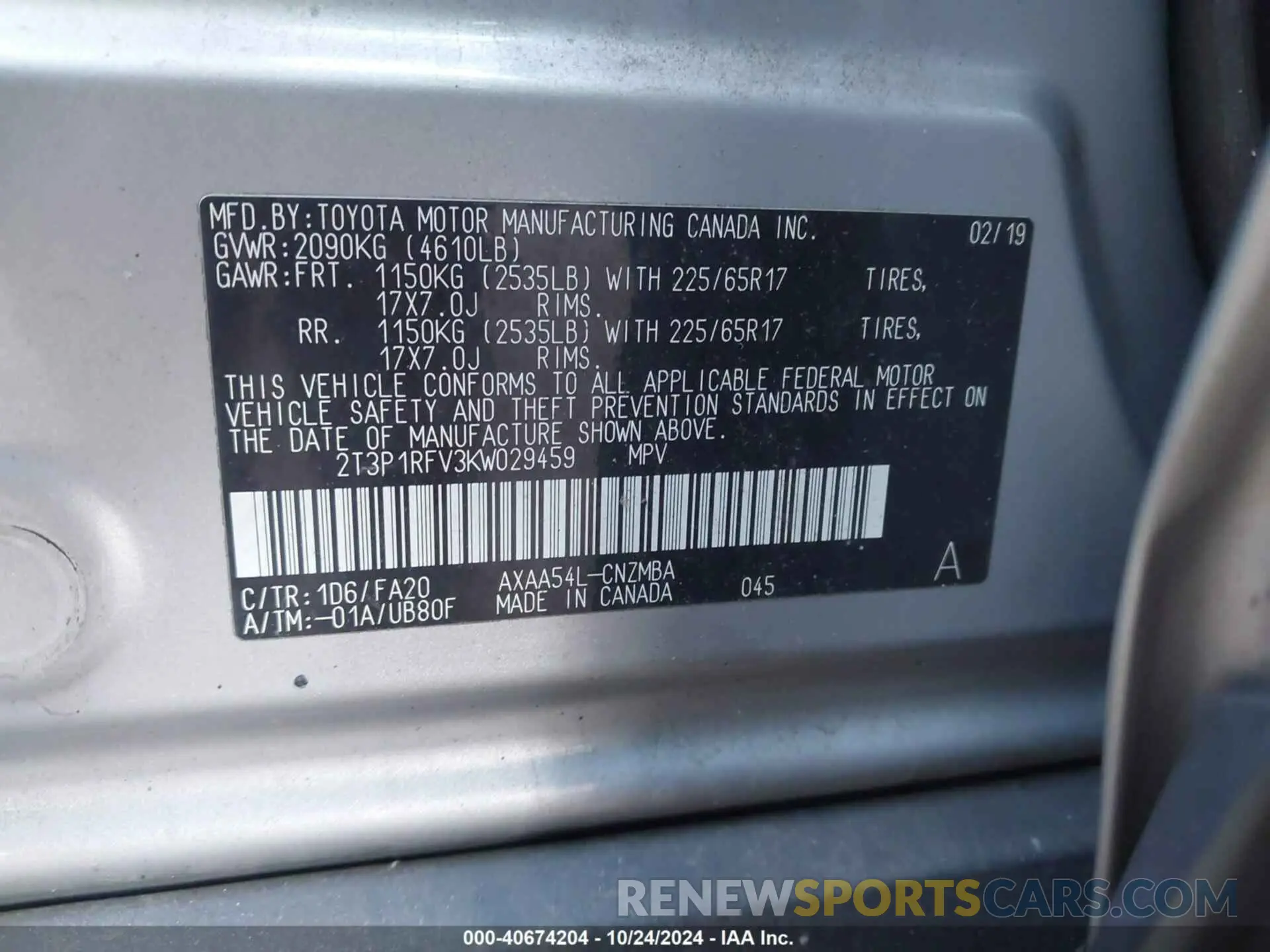 9 fotografías del automóvil dañado 2T3P1RFV3KW029459 TOYOTA RAV4 2019