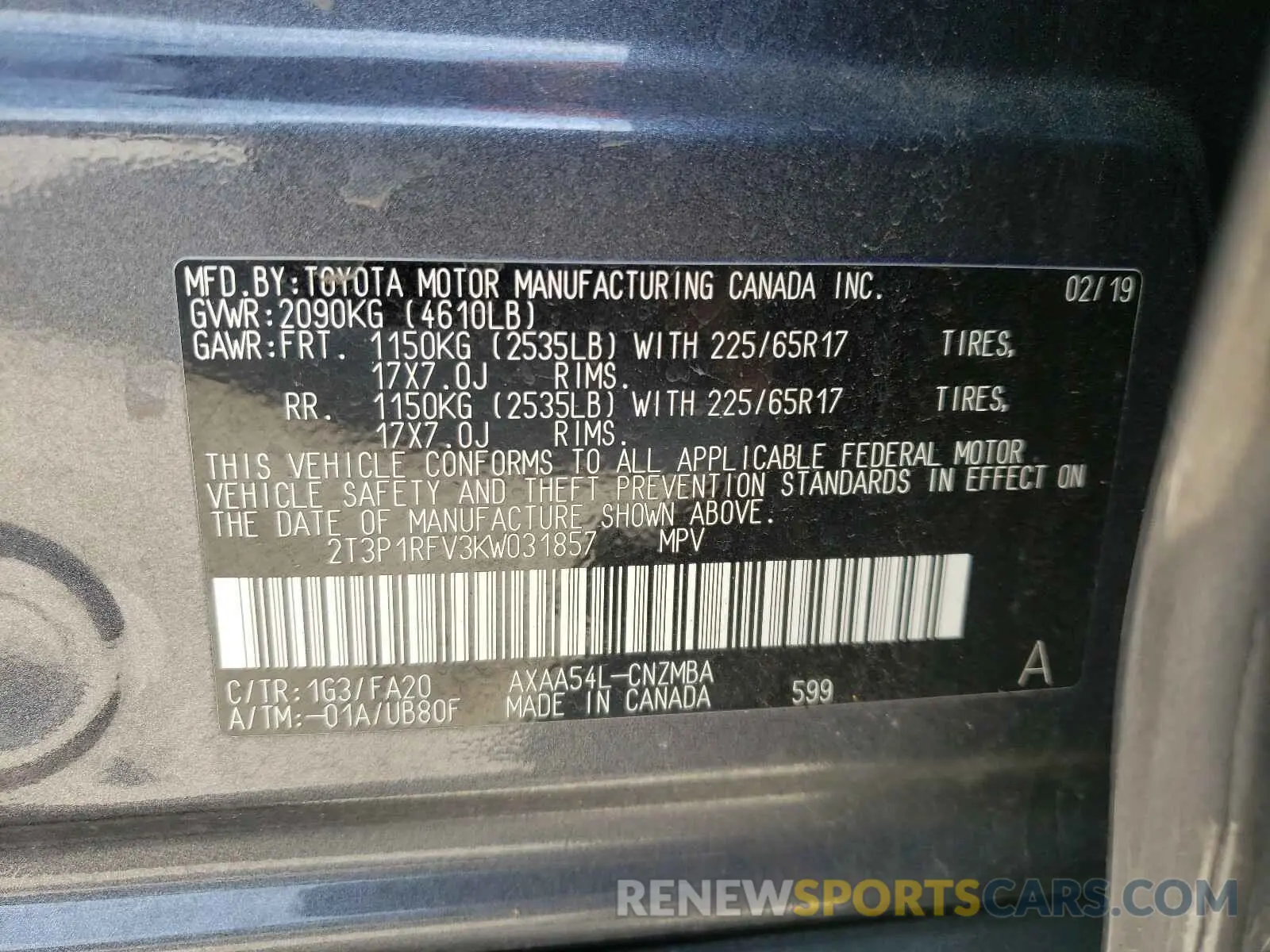 10 fotografías del automóvil dañado 2T3P1RFV3KW031857 TOYOTA RAV4 2019