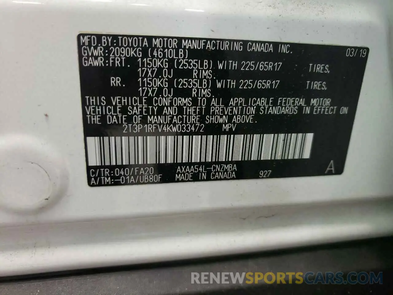 10 fotografías del automóvil dañado 2T3P1RFV4KW033472 TOYOTA RAV4 2019